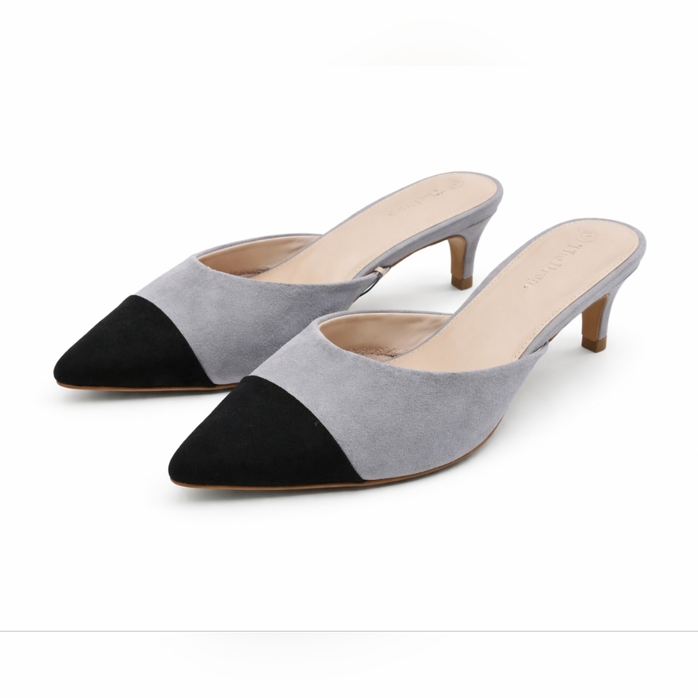The Drop Gray Black Pointed Toe Mule Heels Womens 7.5 Kitten Heel Two Tone Slip.